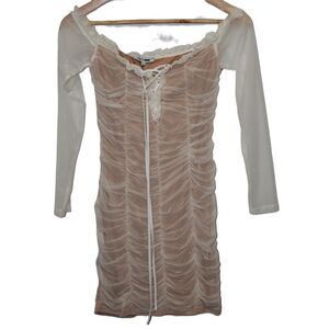 NWT Fashion Nova Maura Mesh Dress White Off Shoulder Long Sleeve Midi Size Large